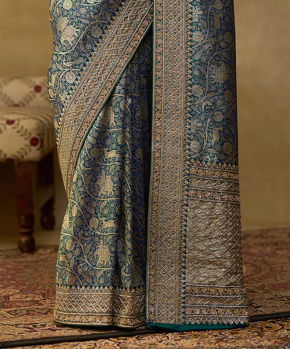 Handloom Peacock Blue Pure Katan Silk Shikargah Banarasi Saree With Hand Embroidery On Borders - Pre Order