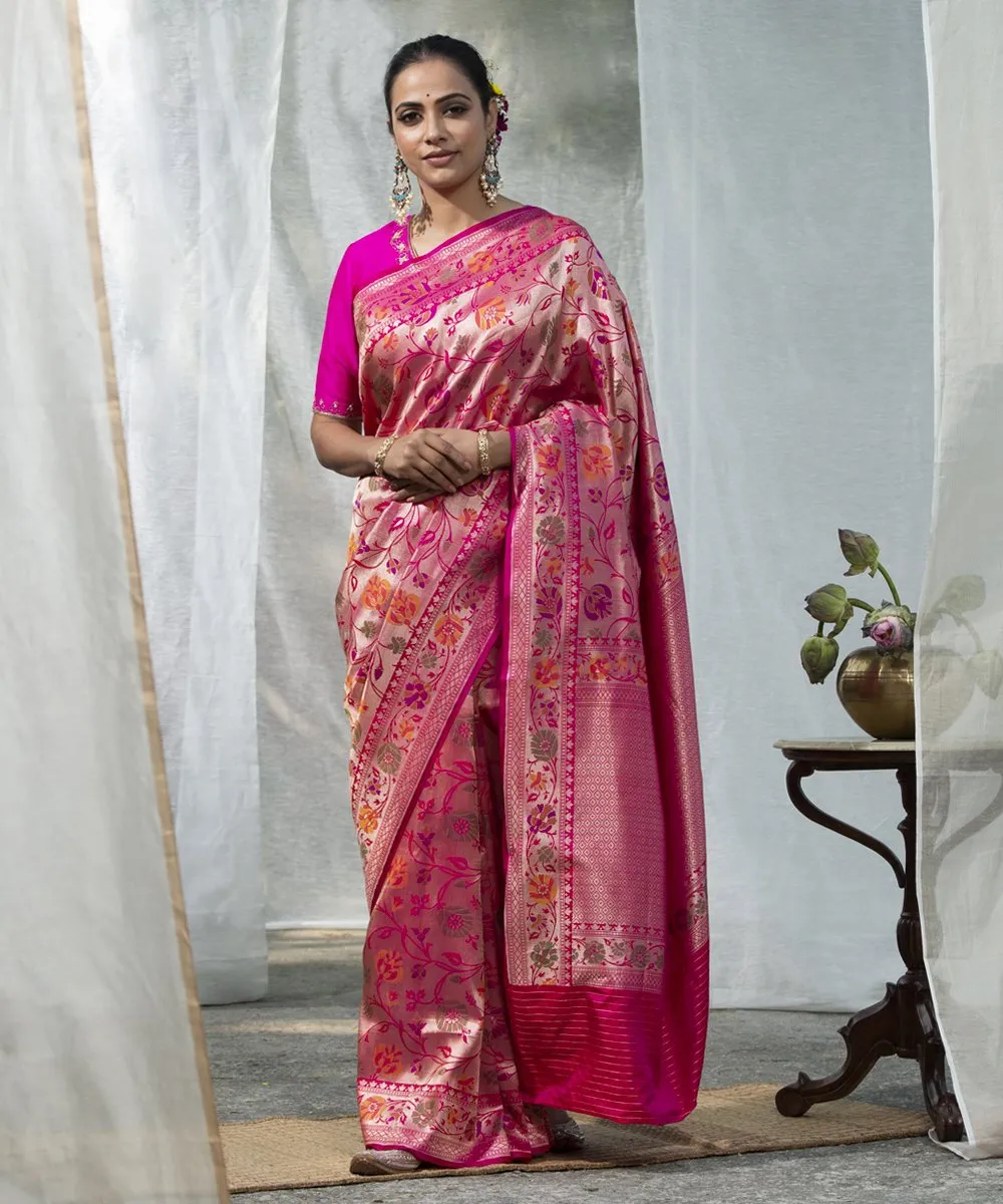 Handloom Pink Pure Katan Silk Banarasi Saree with Zari Base Meenakari Jaal