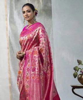 Handloom Pink Pure Katan Silk Banarasi Saree with Zari Base Meenakari Jaal