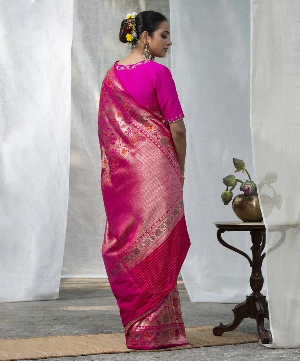 Handloom Pink Pure Katan Silk Banarasi Saree with Zari Base Meenakari Jaal