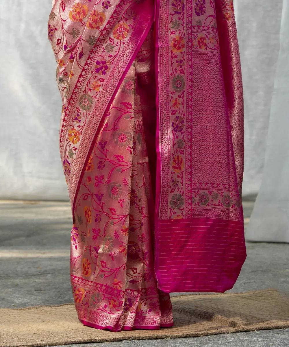 Handloom Pink Pure Katan Silk Banarasi Saree with Zari Base Meenakari Jaal