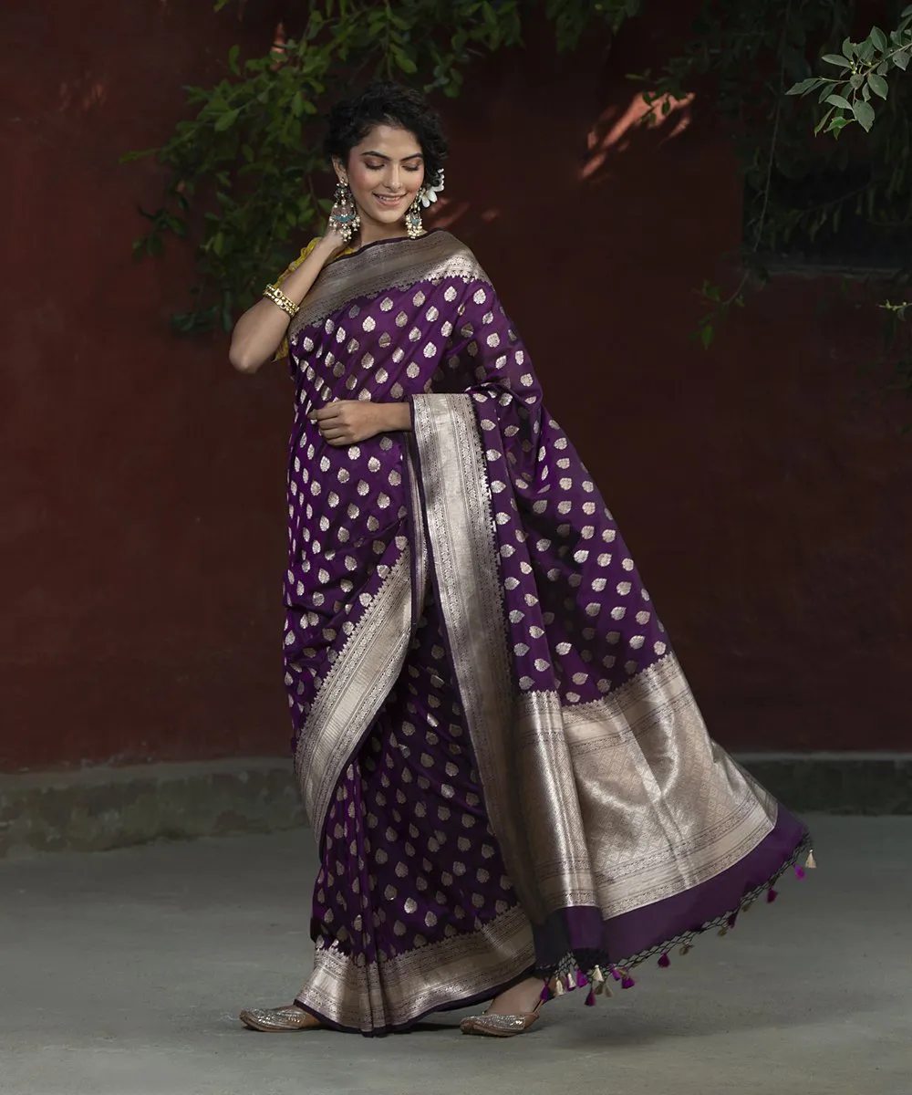 Handloom Purple Katan Silk Handloom Zari Booti Banarasi Saree