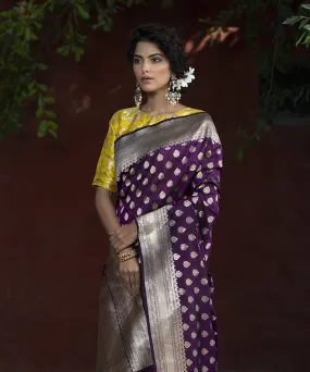 Handloom Purple Katan Silk Handloom Zari Booti Banarasi Saree