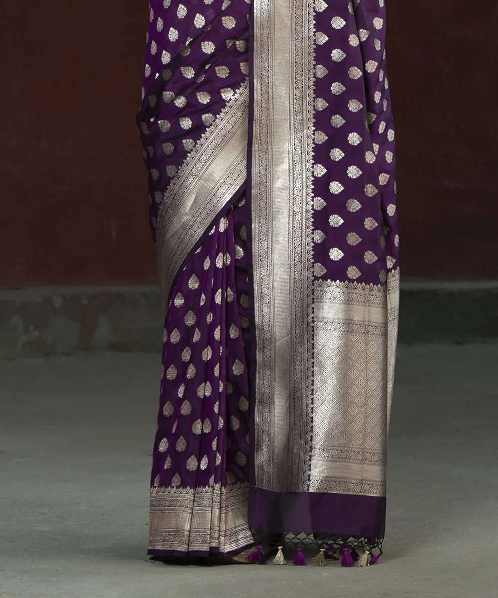 Handloom Purple Katan Silk Handloom Zari Booti Banarasi Saree