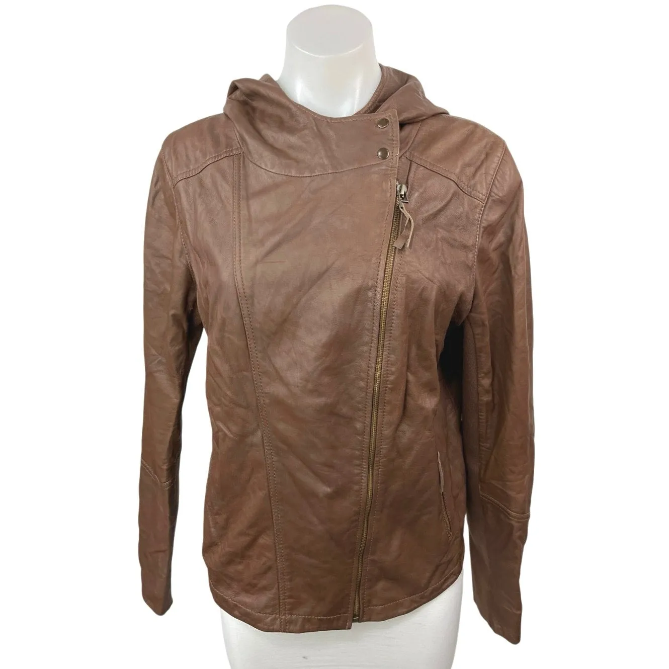 Hinge Women's Brown 100% Leather Zip Up Hoodie Hooded Moto Coat Jacket Size 1