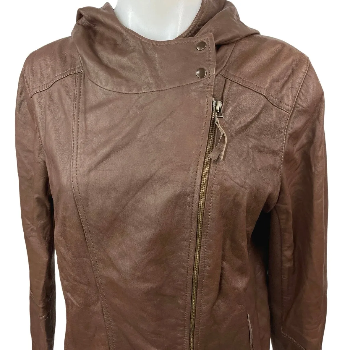 Hinge Women's Brown 100% Leather Zip Up Hoodie Hooded Moto Coat Jacket Size 1