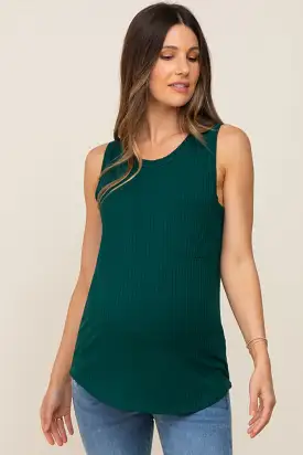 Hunter Green Sleeveless Ribbed Pocked Maternity Top