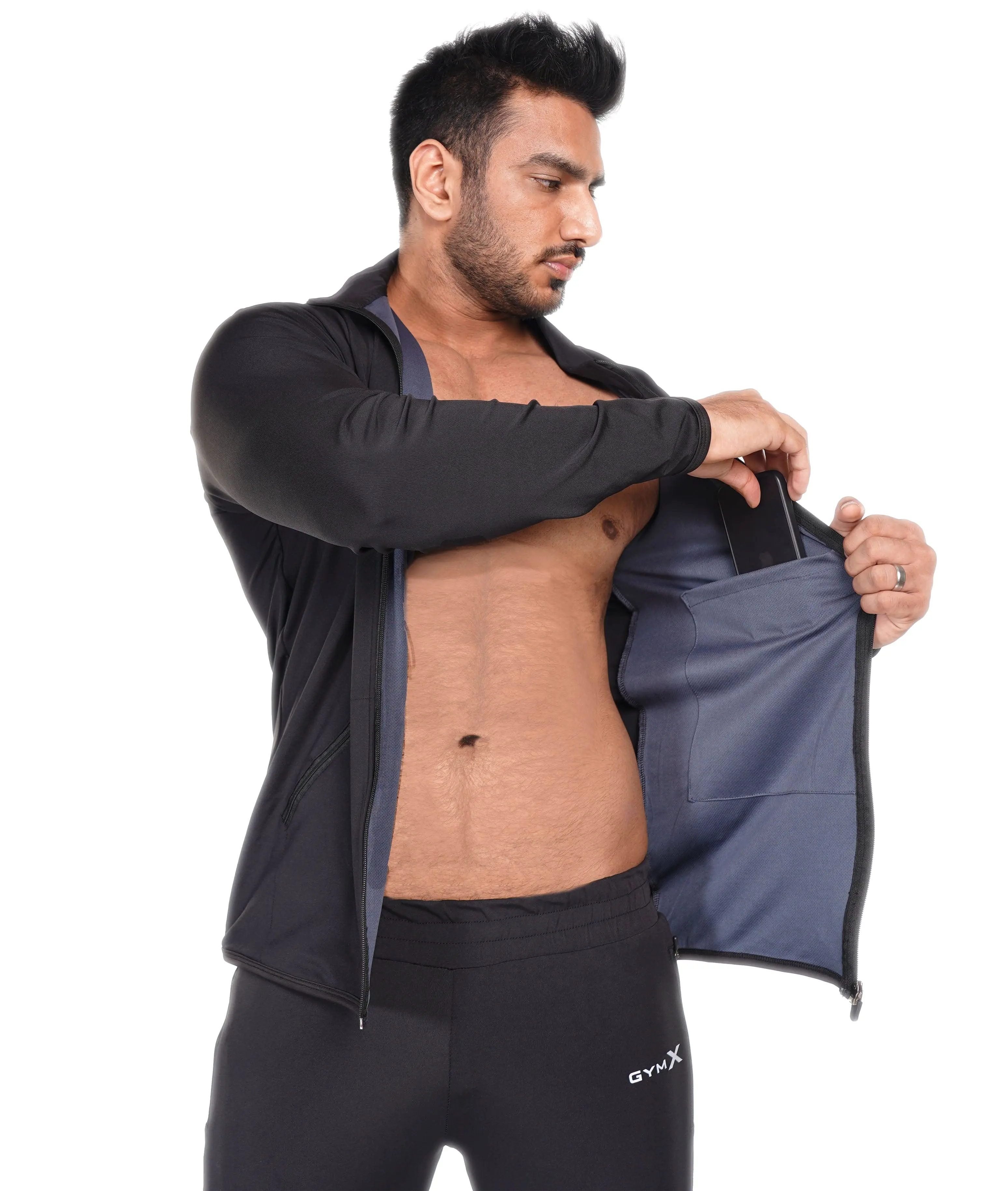 Jet Black GymX Windbreaker Summer Jacket (Dedicated Phone Pocket) - Sale