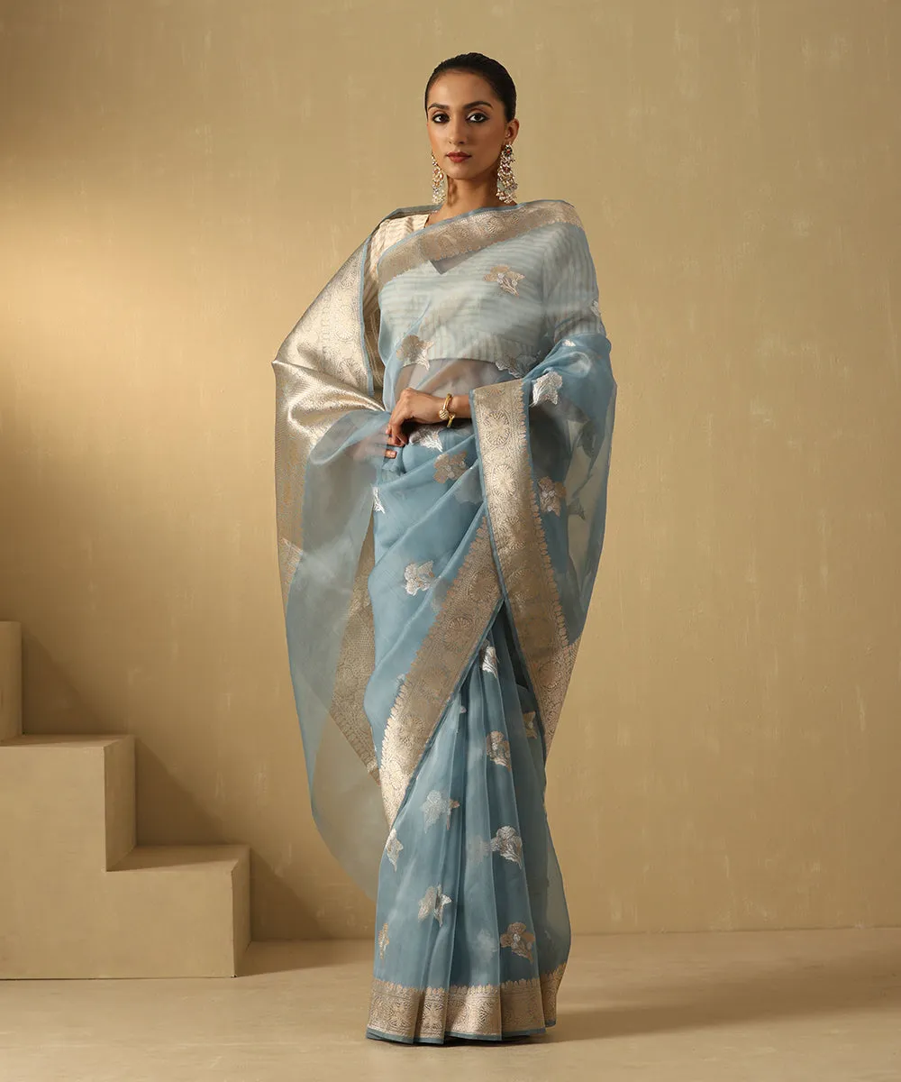 Light Blue Handloom Pure Kora Silk Banarasi Saree With Sona Rupa Booti And Floral Border