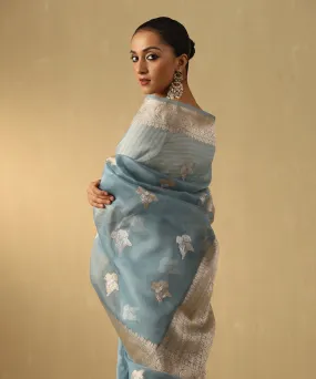 Light Blue Handloom Pure Kora Silk Banarasi Saree With Sona Rupa Booti And Floral Border