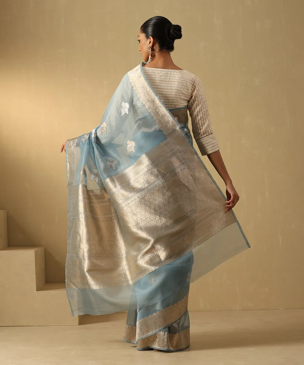 Light Blue Handloom Pure Kora Silk Banarasi Saree With Sona Rupa Booti And Floral Border