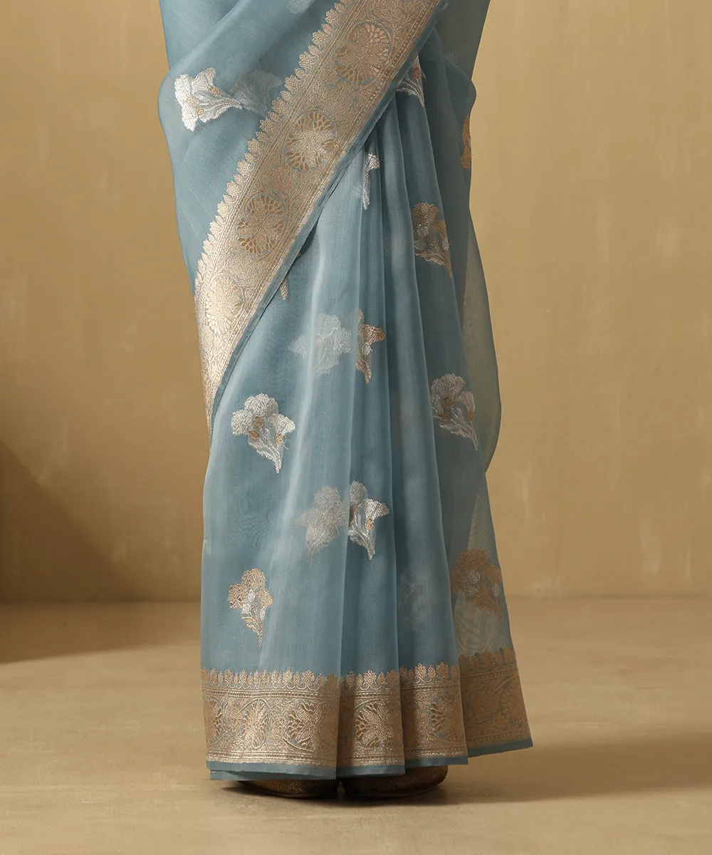 Light Blue Handloom Pure Kora Silk Banarasi Saree With Sona Rupa Booti And Floral Border