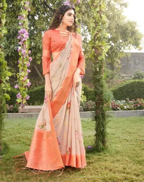 Light Peach Cotton Woven Sarees