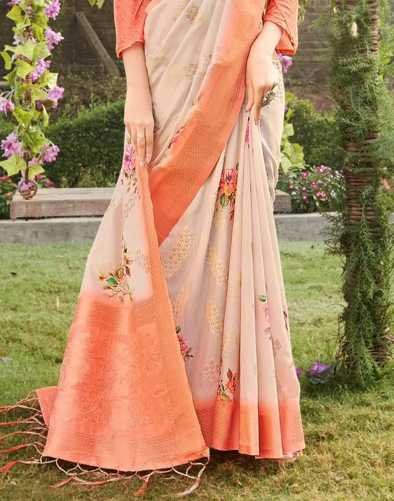 Light Peach Cotton Woven Sarees