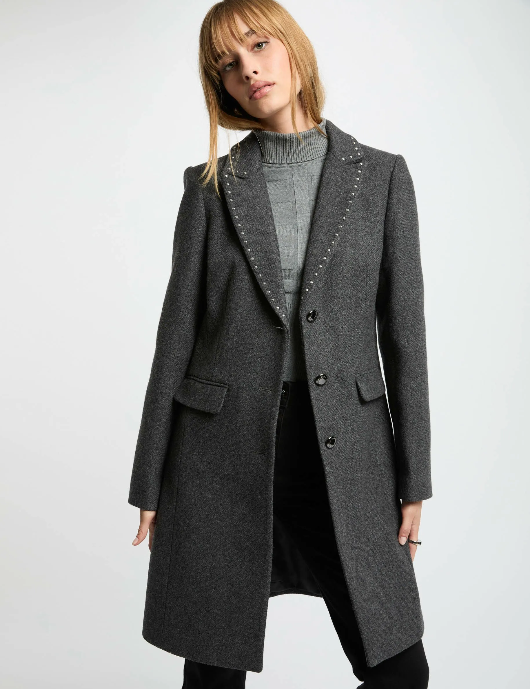 Long coat with studs light grey women