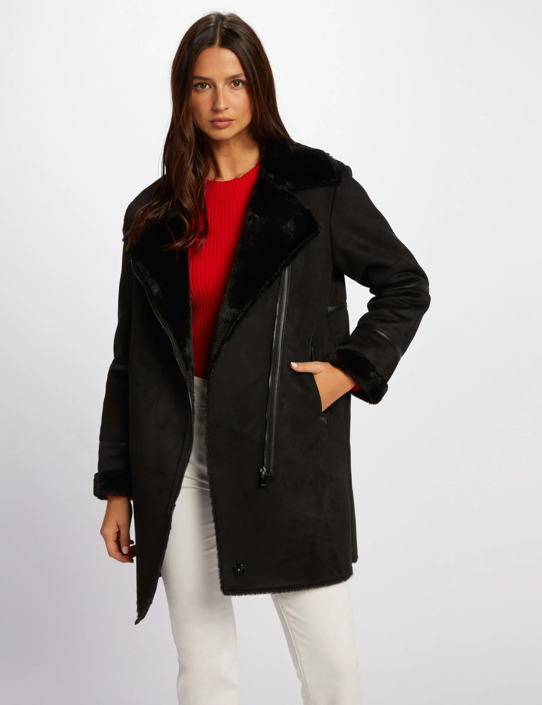 Long suede coat black women