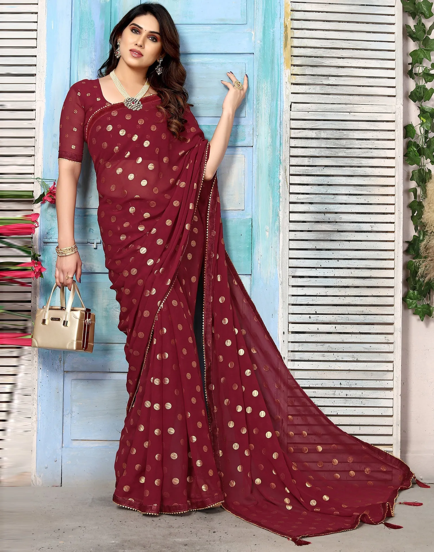 Maroon Georgette Printed Saree