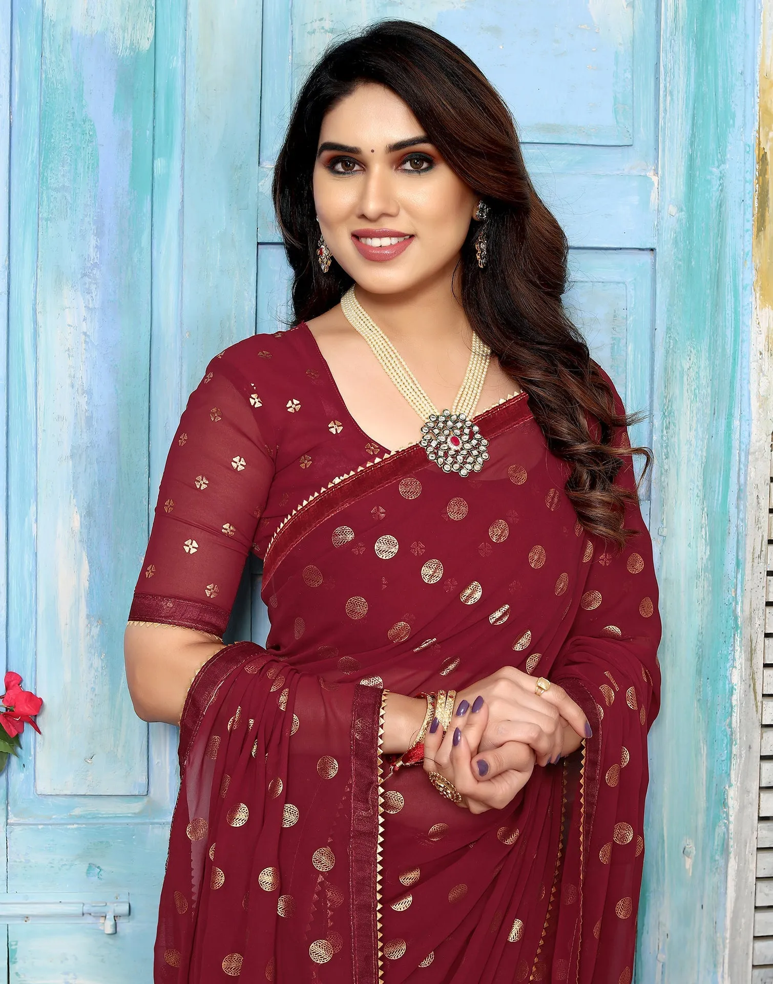 Maroon Georgette Printed Saree