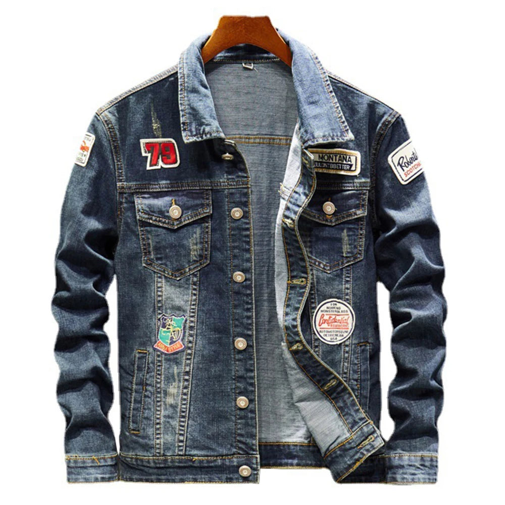 Men's Blue Badge Patchwork Ripped Single Breasted Streetwear Jacket