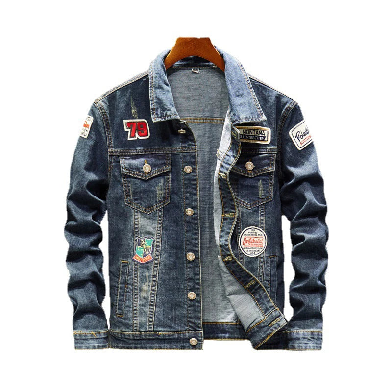 Men's Blue Badge Patchwork Ripped Single Breasted Streetwear Jacket