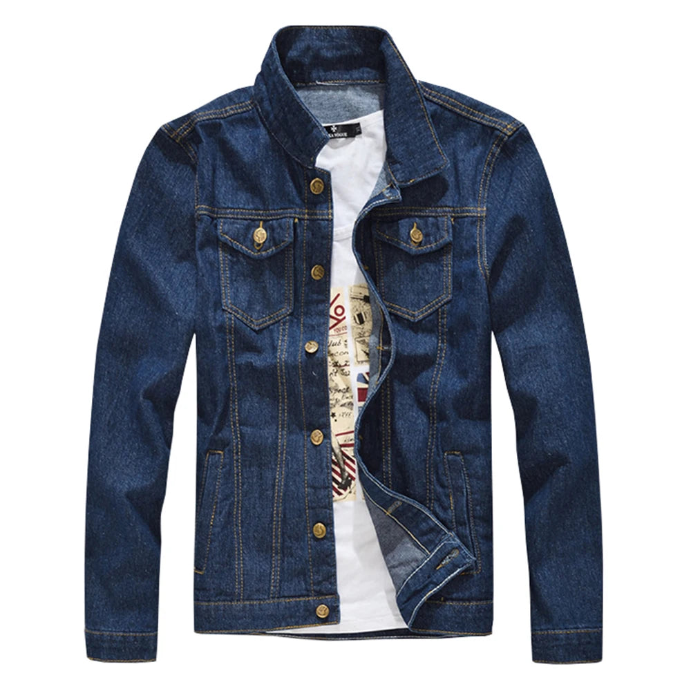 Men's Classic Dark Blue Slim Fit Long Sleeve Outerwear Denim Jacket