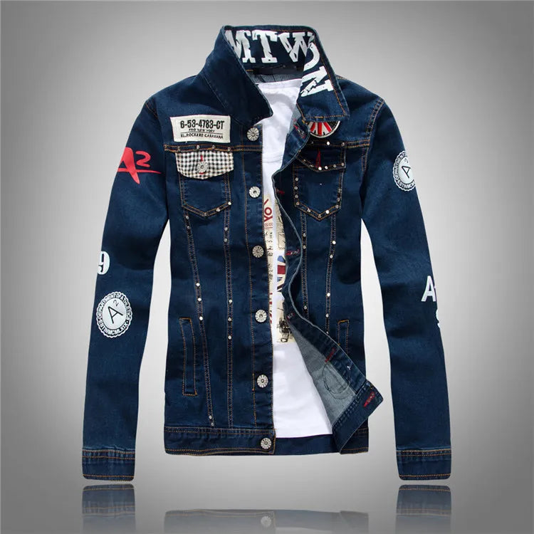 Men's Dark Blue Slim Patchwork Pattern Casual Outerwear Jacket