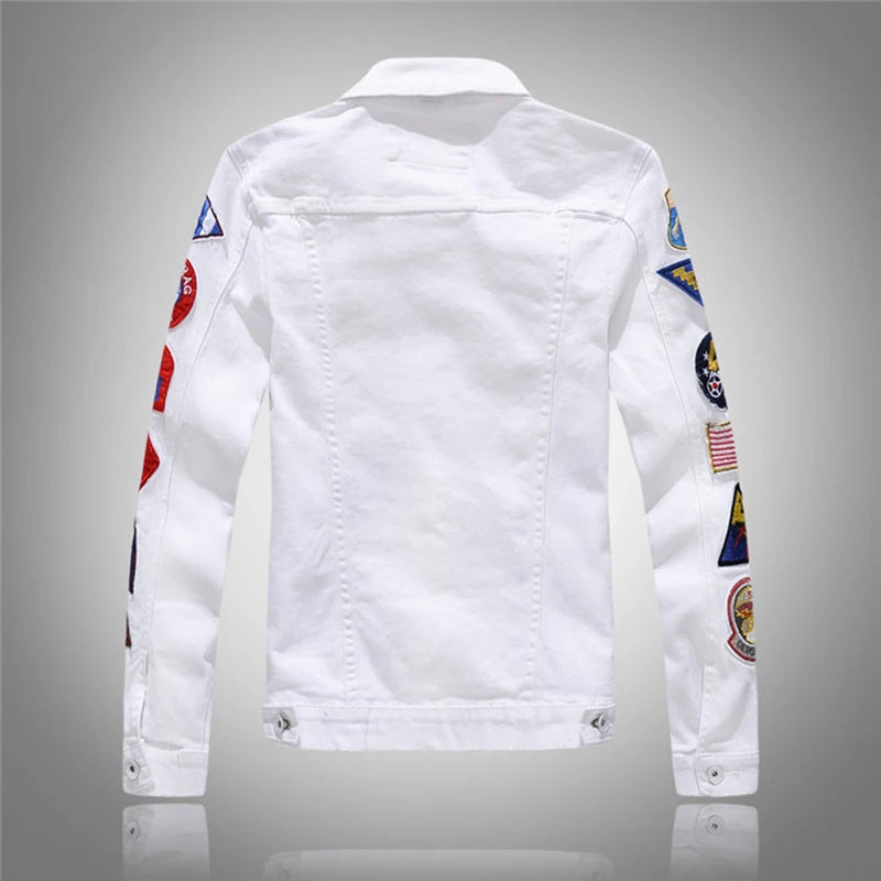 Men's White Slim Fit Patchwork Pattern Casual Outerwear Jacket