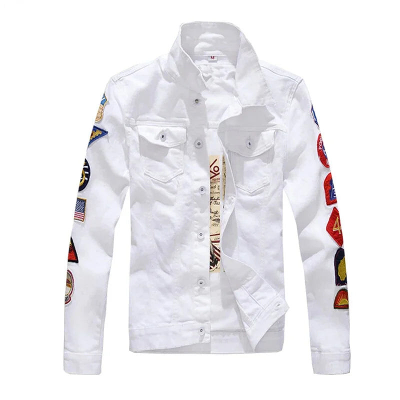 Men's White Slim Fit Patchwork Pattern Casual Outerwear Jacket