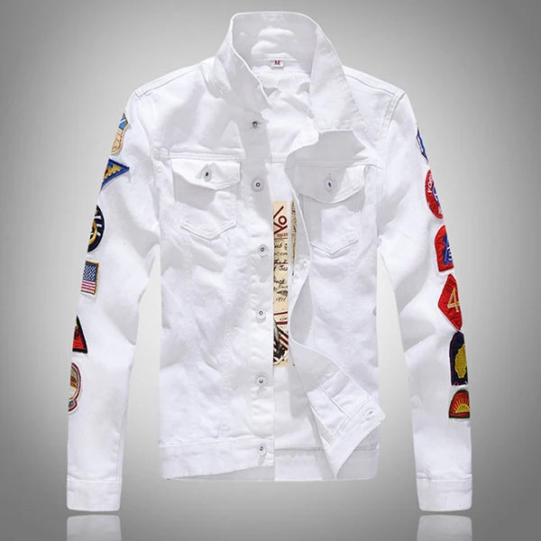 Men's White Slim Fit Patchwork Pattern Casual Outerwear Jacket