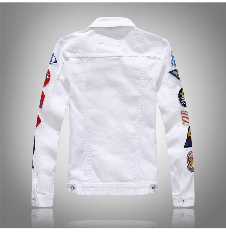 Men's White Slim Fit Patchwork Pattern Casual Outerwear Jacket