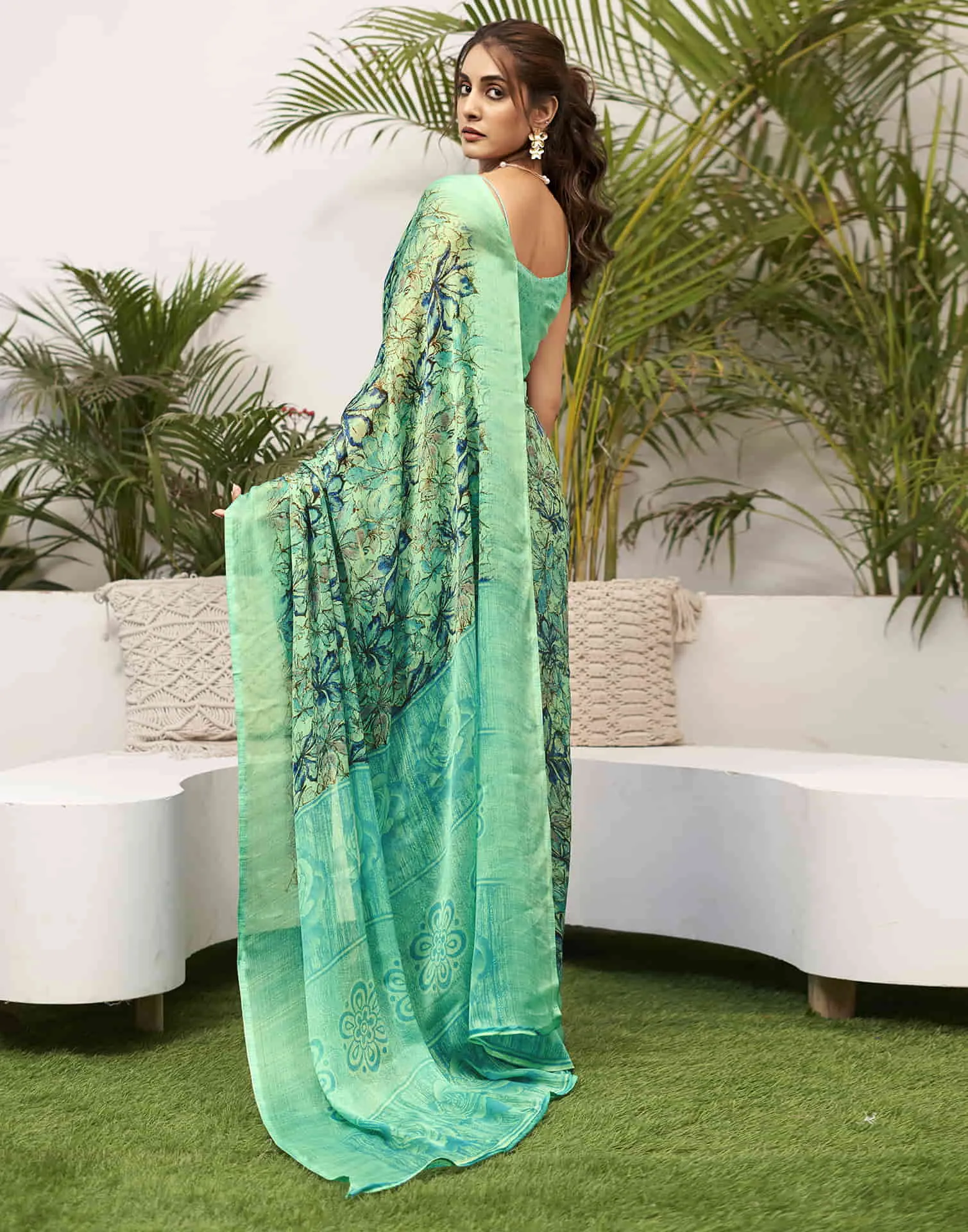 Mint Green Chiffon Printed Saree