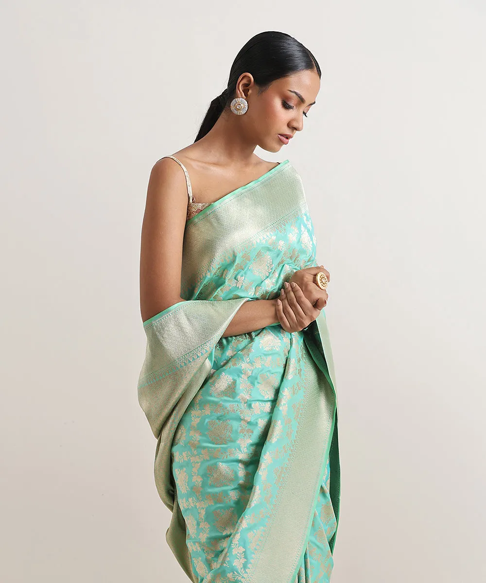 Mint Green Double Shade Handloom Pure Katan Silk Banarasi Saree With Jaal