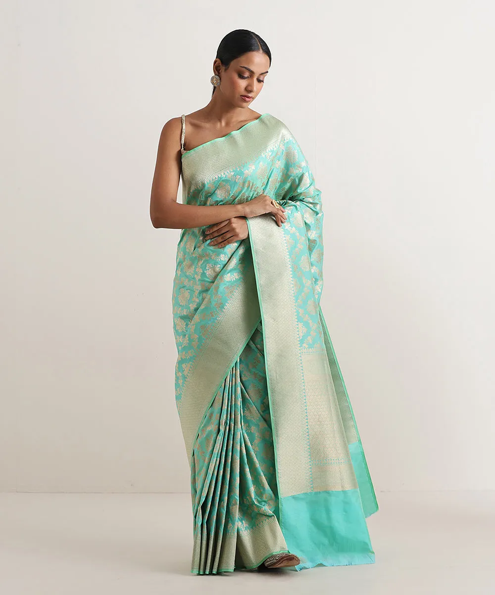 Mint Green Double Shade Handloom Pure Katan Silk Banarasi Saree With Jaal