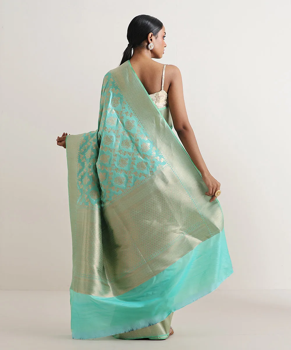 Mint Green Double Shade Handloom Pure Katan Silk Banarasi Saree With Jaal