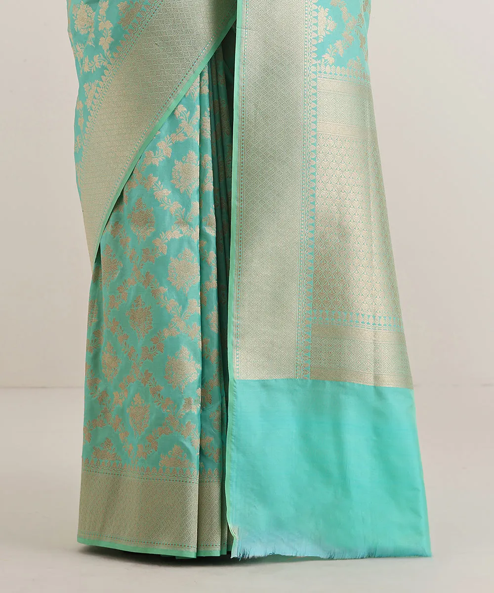 Mint Green Double Shade Handloom Pure Katan Silk Banarasi Saree With Jaal