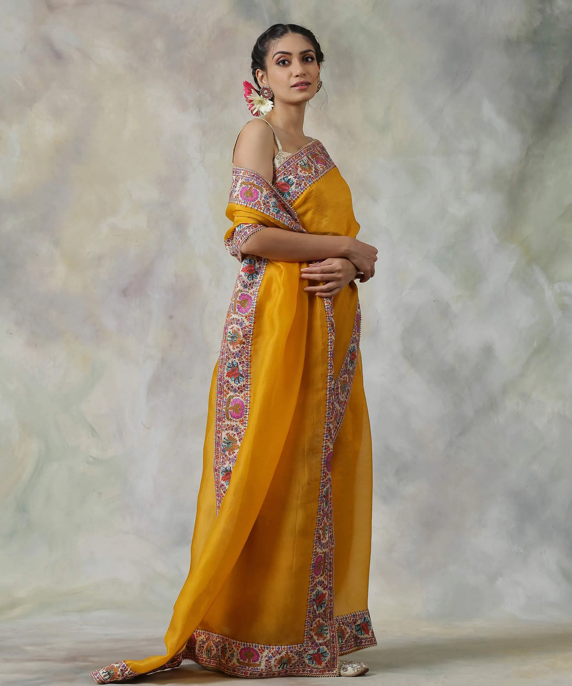 Mustard Handloom Organza Saree with Hand Appliqued Sozni Needle Work Border