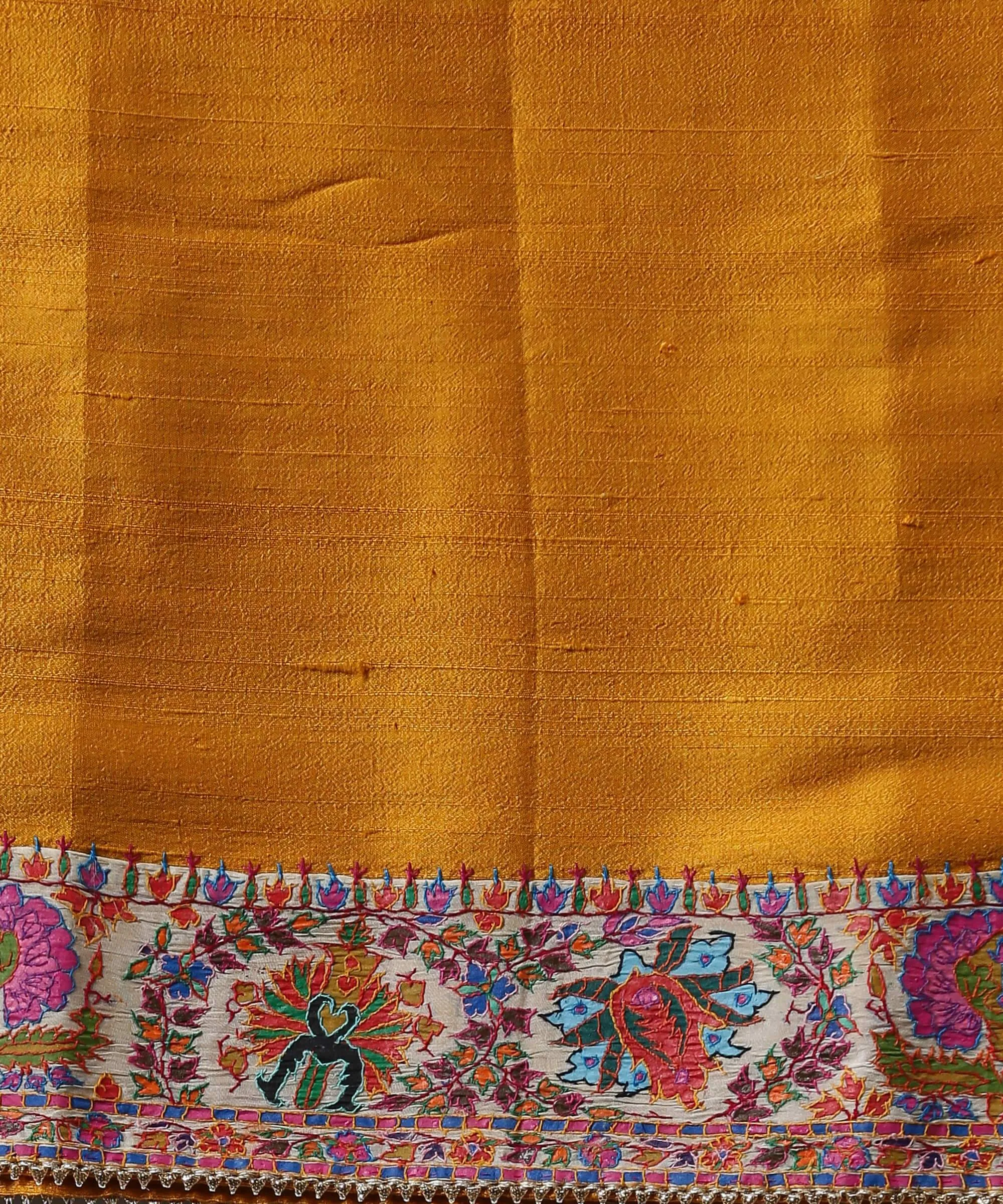 Mustard Handloom Organza Saree with Hand Appliqued Sozni Needle Work Border