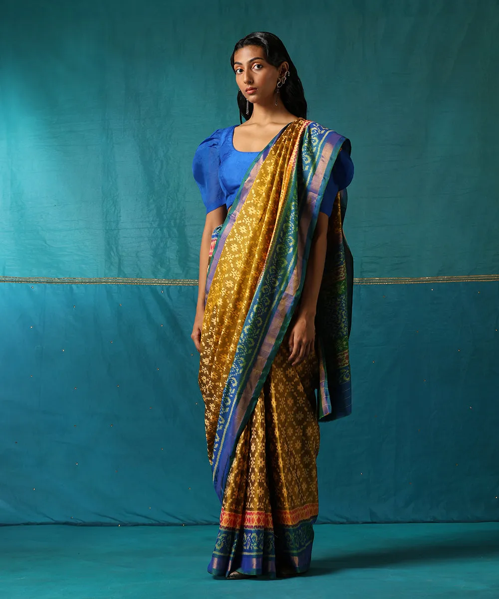 Mustard Handloom Pure Mulberry Silk Ikat Patola Saree With Blue Border