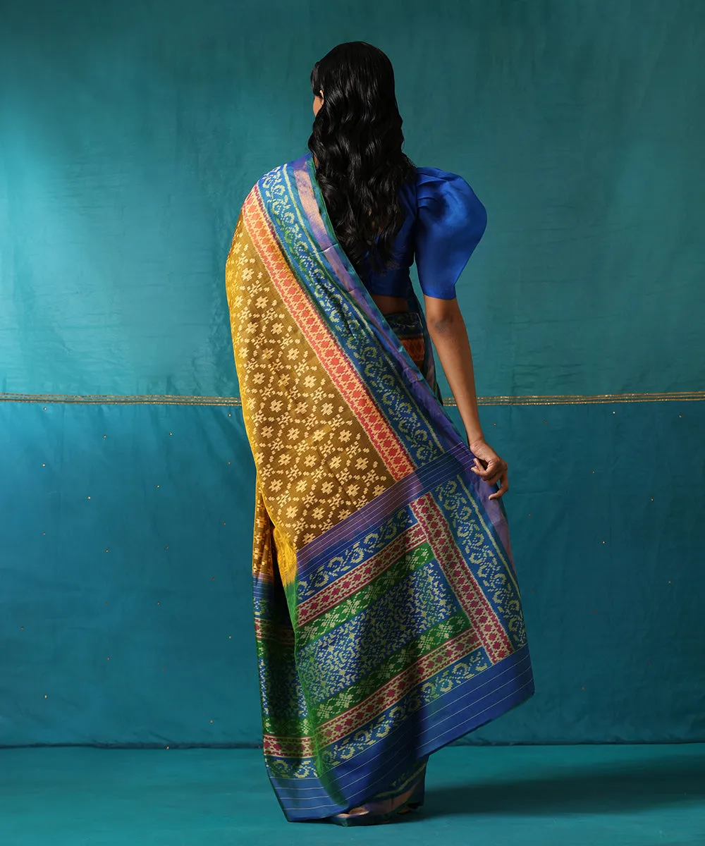 Mustard Handloom Pure Mulberry Silk Ikat Patola Saree With Blue Border