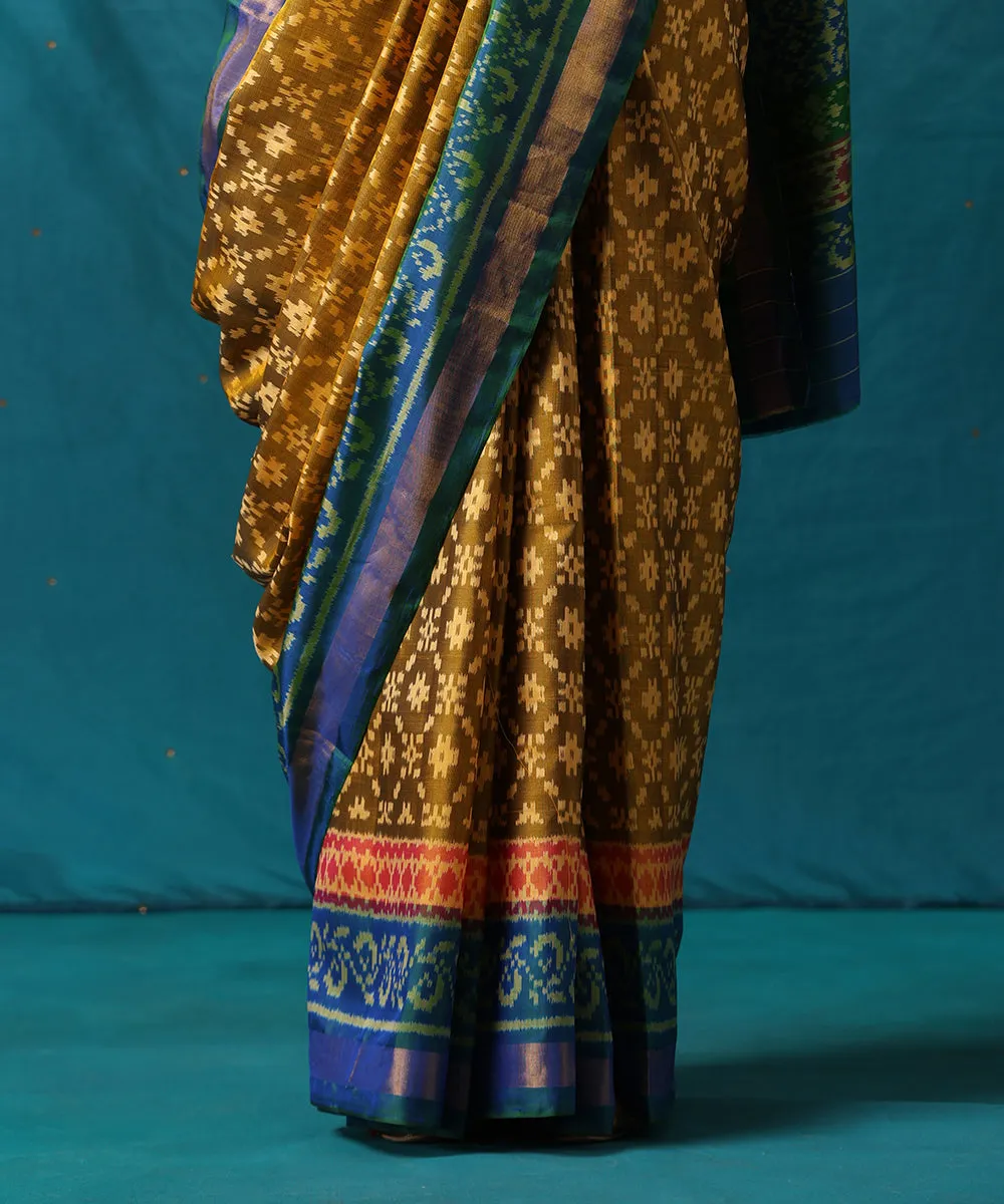 Mustard Handloom Pure Mulberry Silk Ikat Patola Saree With Blue Border