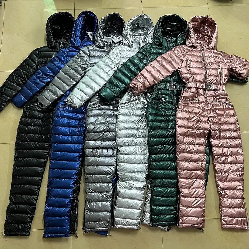 One Piece Ski Suit Women Jackets Winter Hooded Parka Jumpsuit Women Cotton Bodysuit Sashes Jumpsuits Zipper Overalls Tracksuits