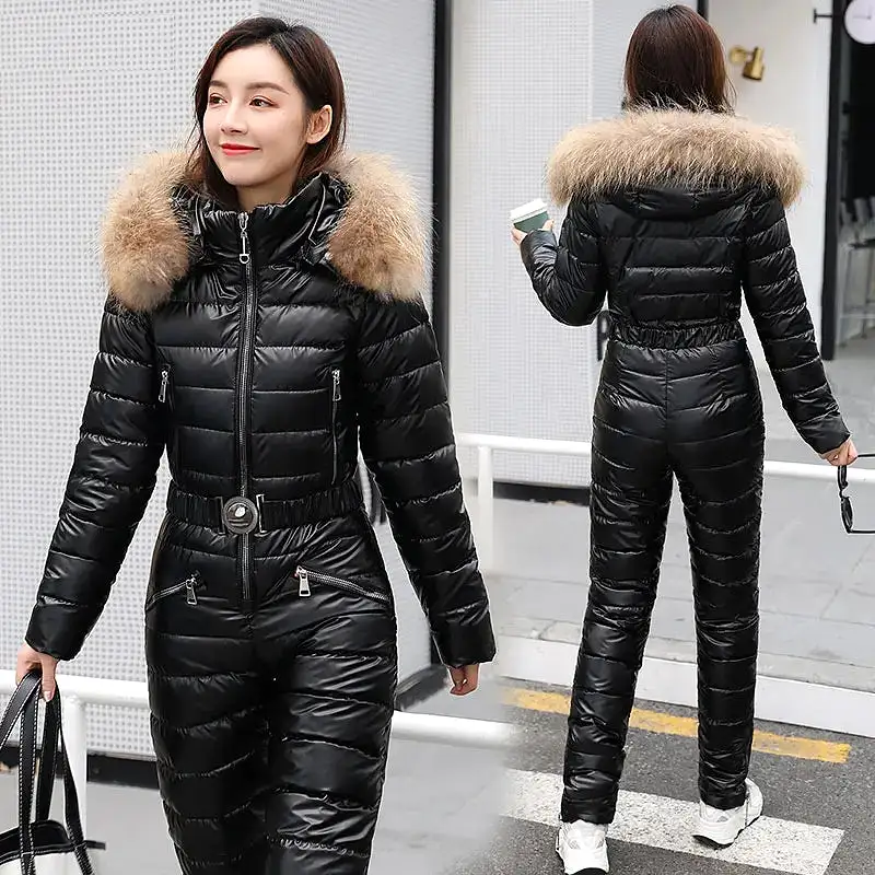 One Piece Ski Suit Women Jackets Winter Hooded Parka Jumpsuit Women Cotton Bodysuit Sashes Jumpsuits Zipper Overalls Tracksuits