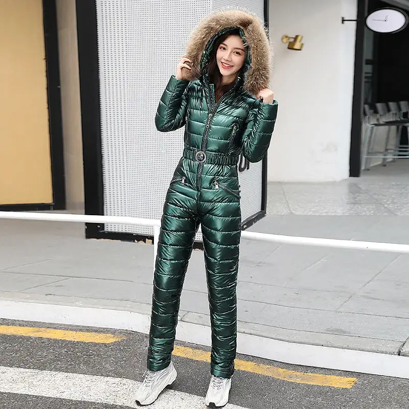 One Piece Ski Suit Women Jackets Winter Hooded Parka Jumpsuit Women Cotton Bodysuit Sashes Jumpsuits Zipper Overalls Tracksuits