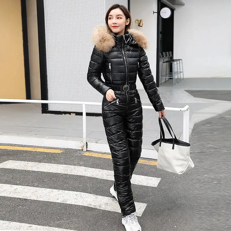 One Piece Ski Suit Women Jackets Winter Hooded Parka Jumpsuit Women Cotton Bodysuit Sashes Jumpsuits Zipper Overalls Tracksuits