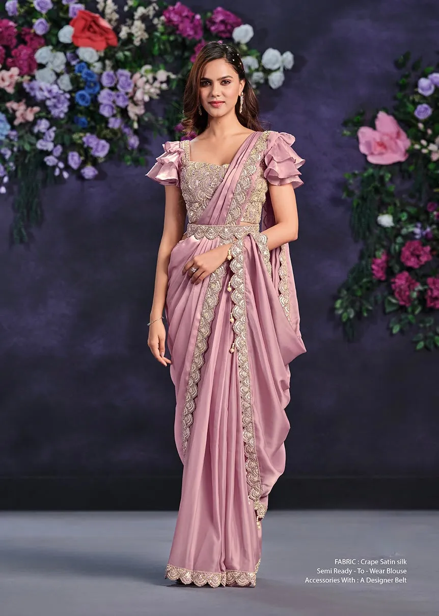 Pink Crepe Satin Silk Embroidered Ready To Wear Saree