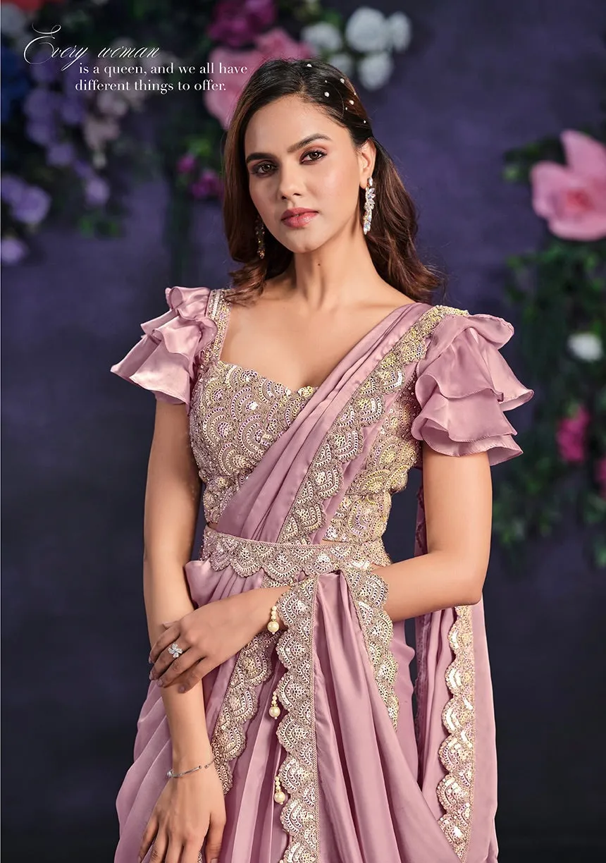 Pink Crepe Satin Silk Embroidered Ready To Wear Saree