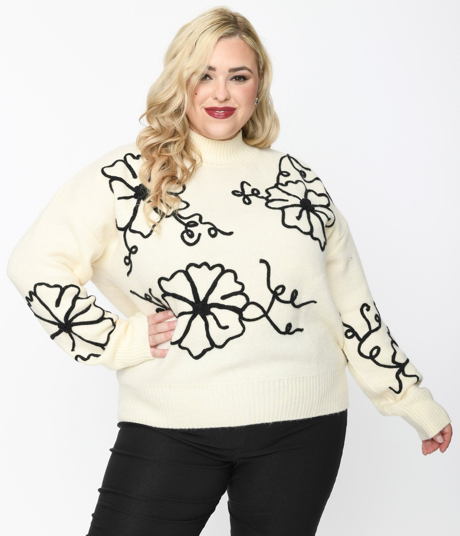 Plus Size Cream & Black Floral Embroidered Mock Neck Sweater