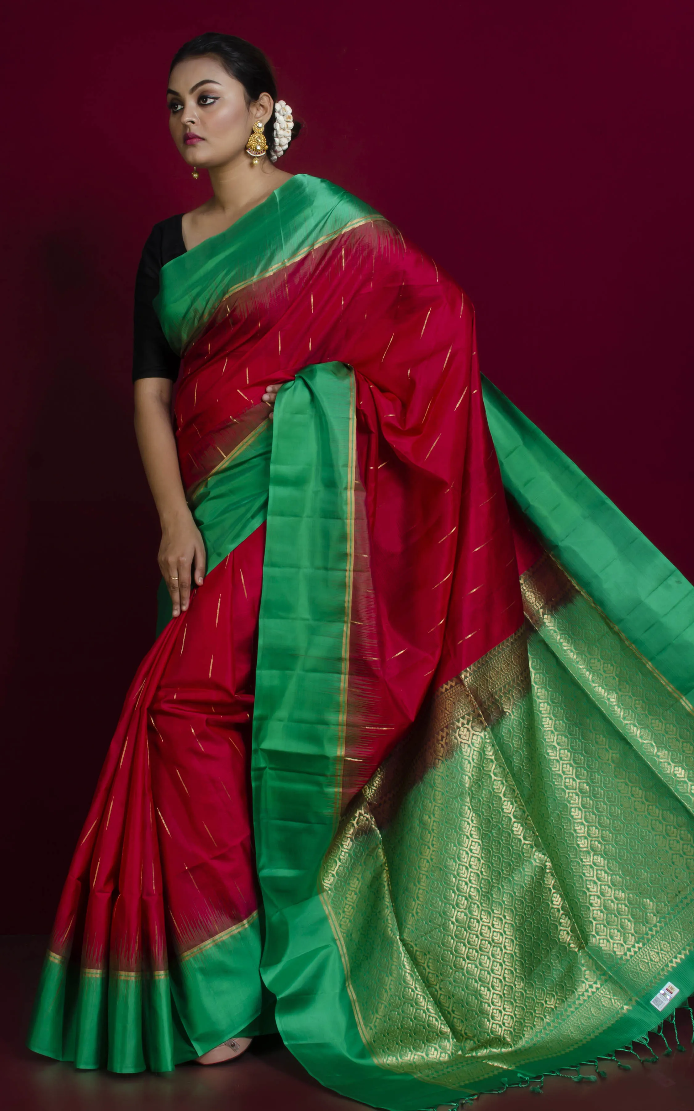 Premium Quality Soft Silk Kotki Border Kanchipuram Silk Saree in Cherry Red, Aquamarine Green and Rain Drop Woven Gold Zari Butt