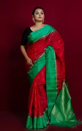 Premium Quality Soft Silk Kotki Border Kanchipuram Silk Saree in Cherry Red, Aquamarine Green and Rain Drop Woven Gold Zari Butt