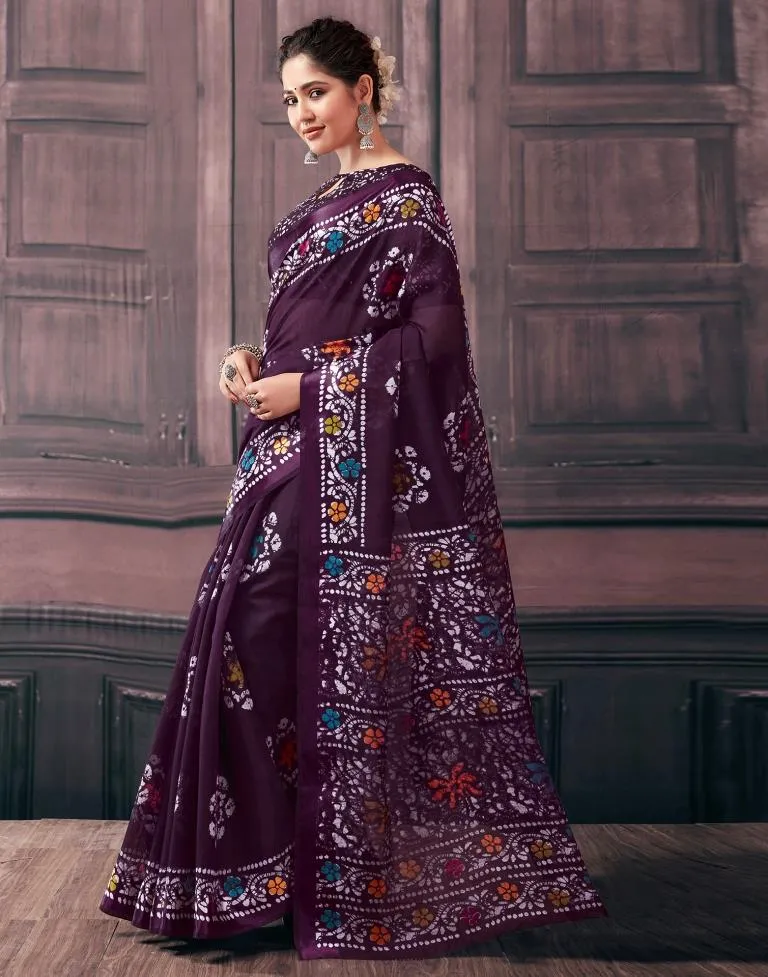 Purple  Cotton Printed Sarees